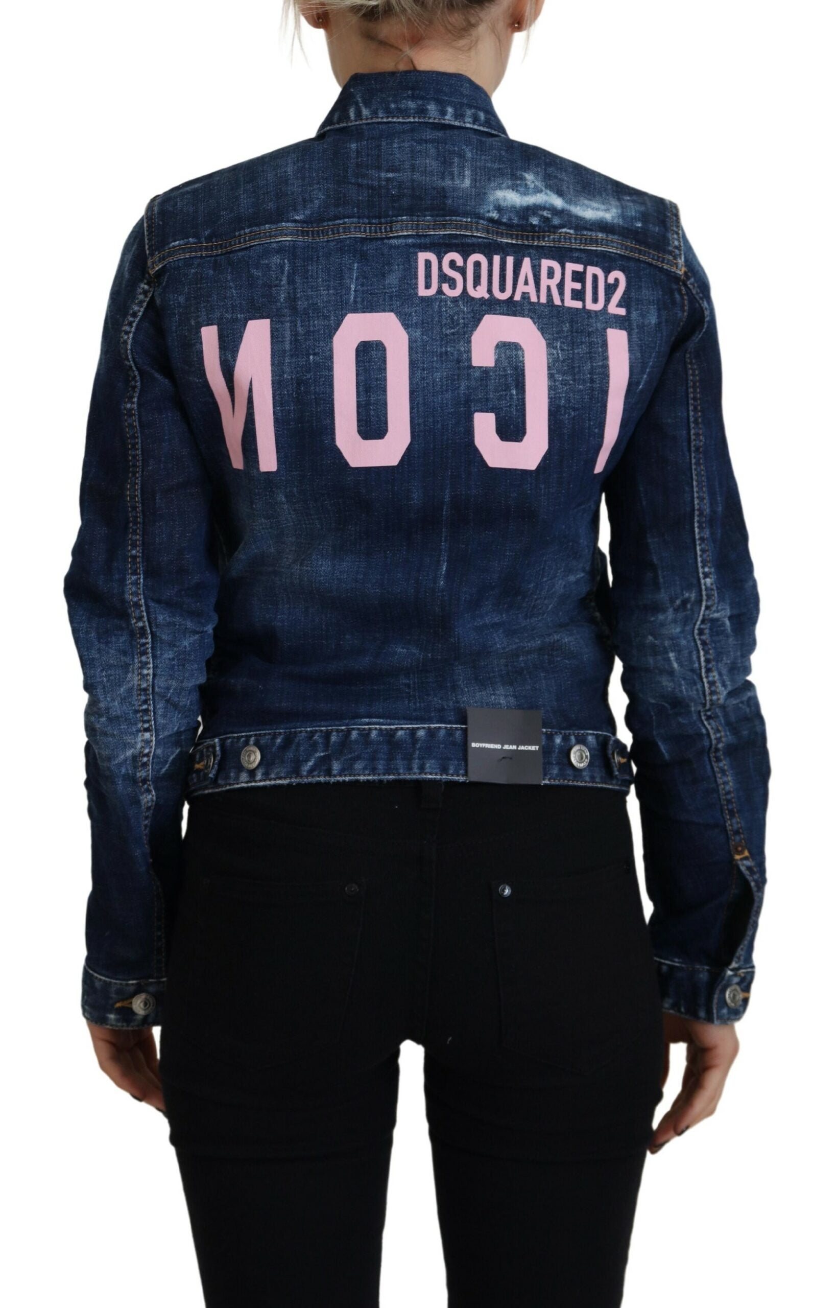 Blue Cotton Denim Jacket with Icon Print and Distressed Detail