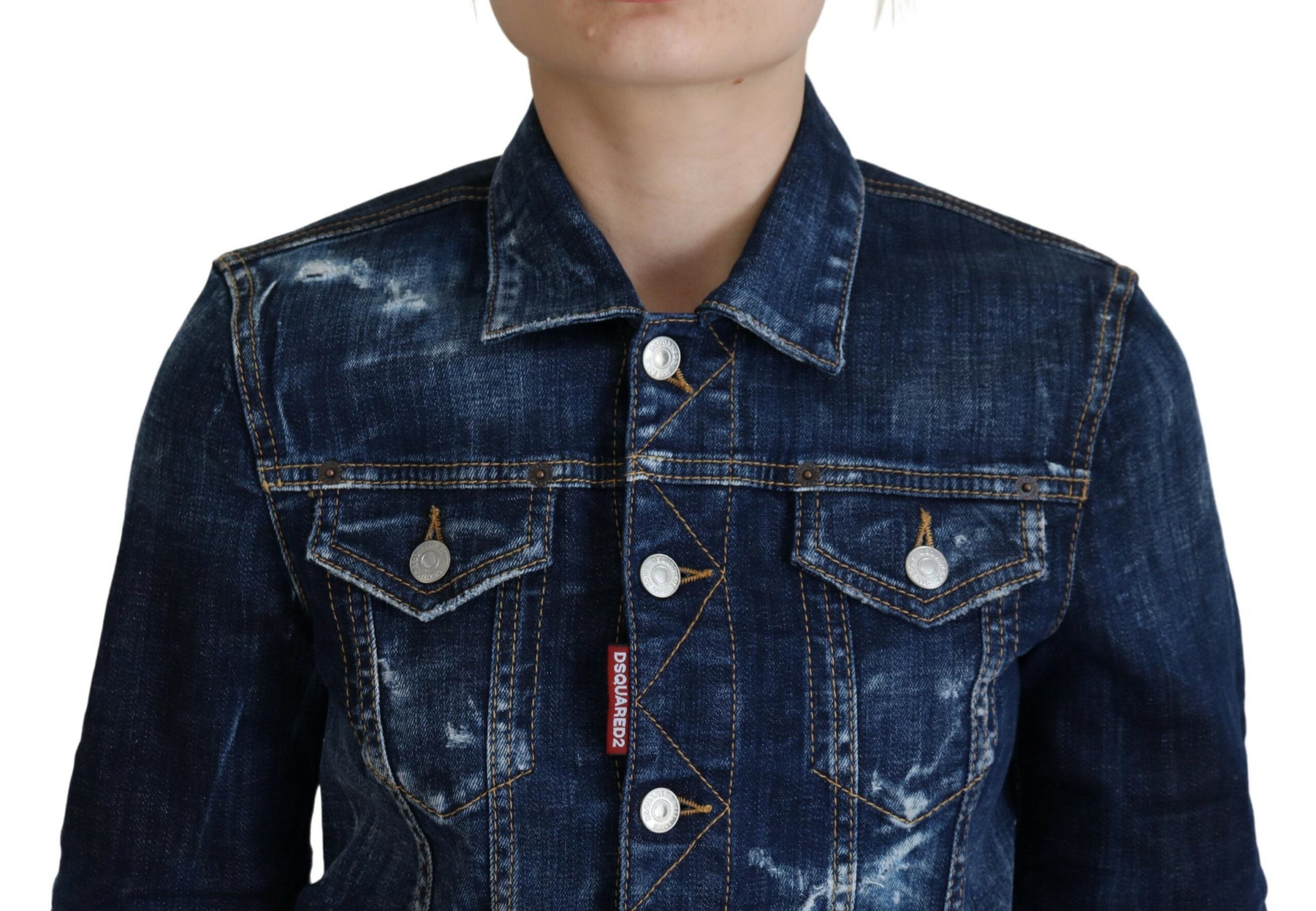 Blue Cotton Denim Jacket with Icon Print and Distressed Detail