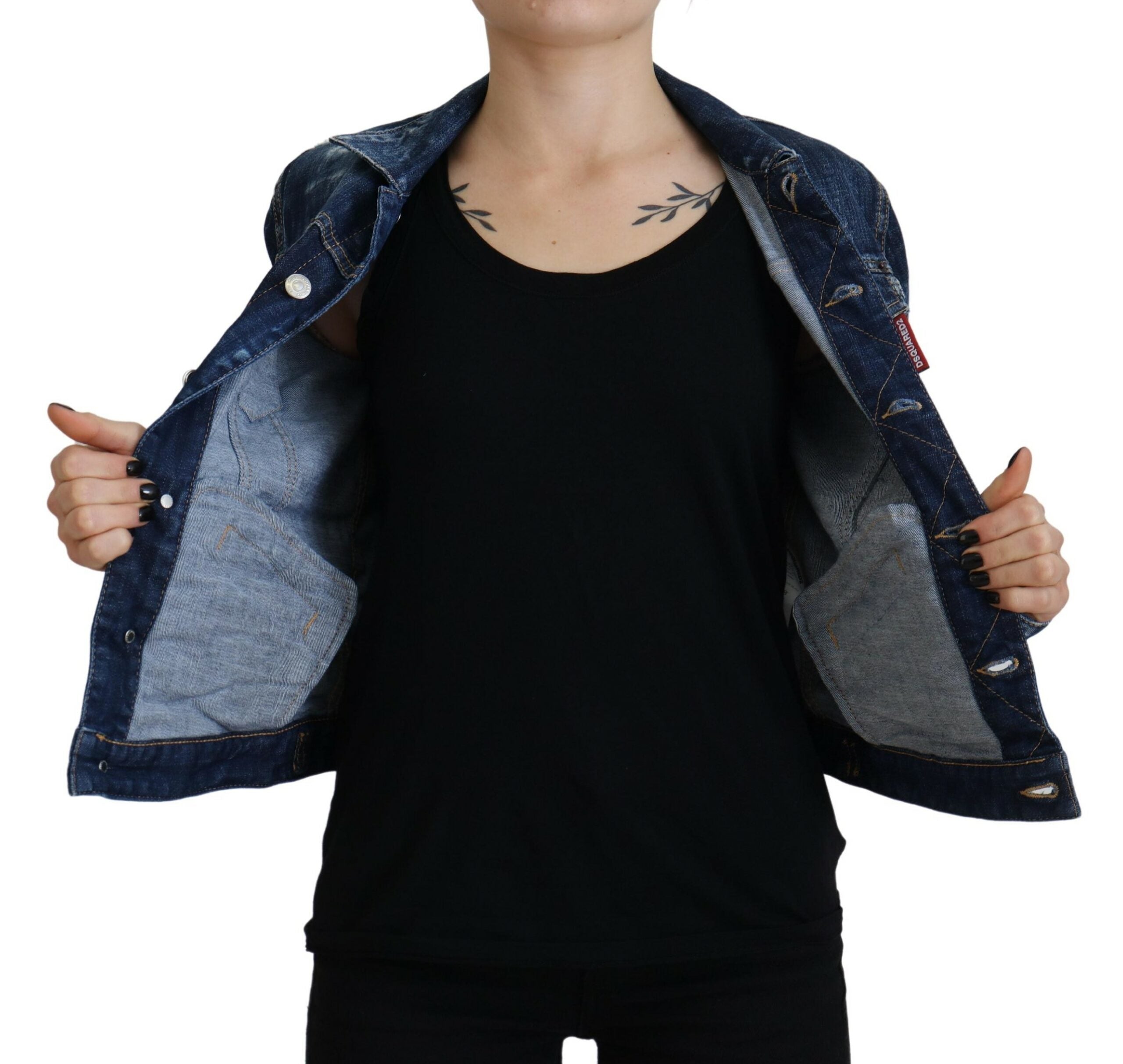 Blue Cotton Denim Jacket with Icon Print and Distressed Detail