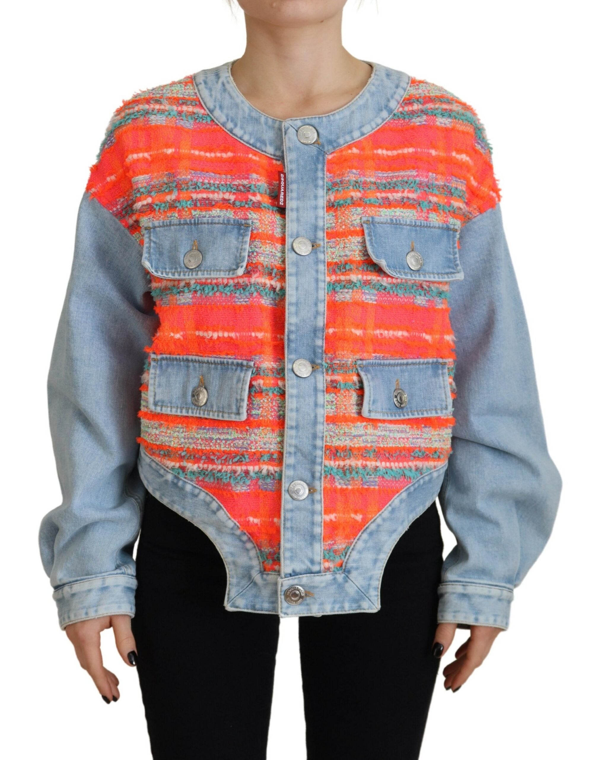 Veste en jean à empiècements orange et bleus et boutons sur le devant
