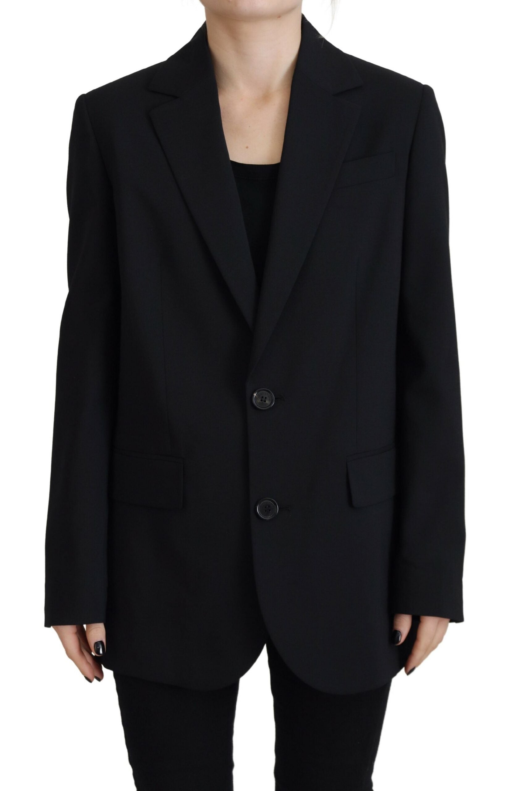 Schwarzer Blazer-Mantel aus Wollmischung mit Blumendetail