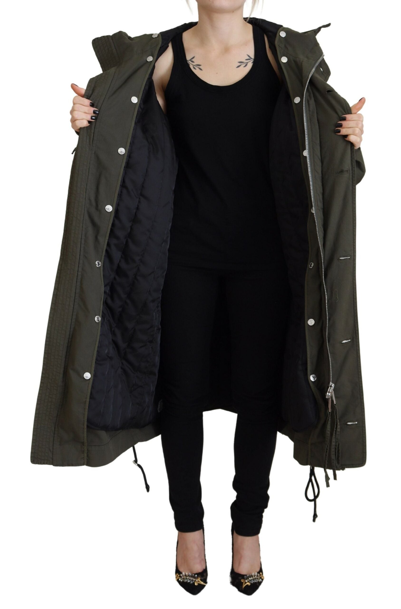 Green Cotton Hooded Parka with Full Zip Closure