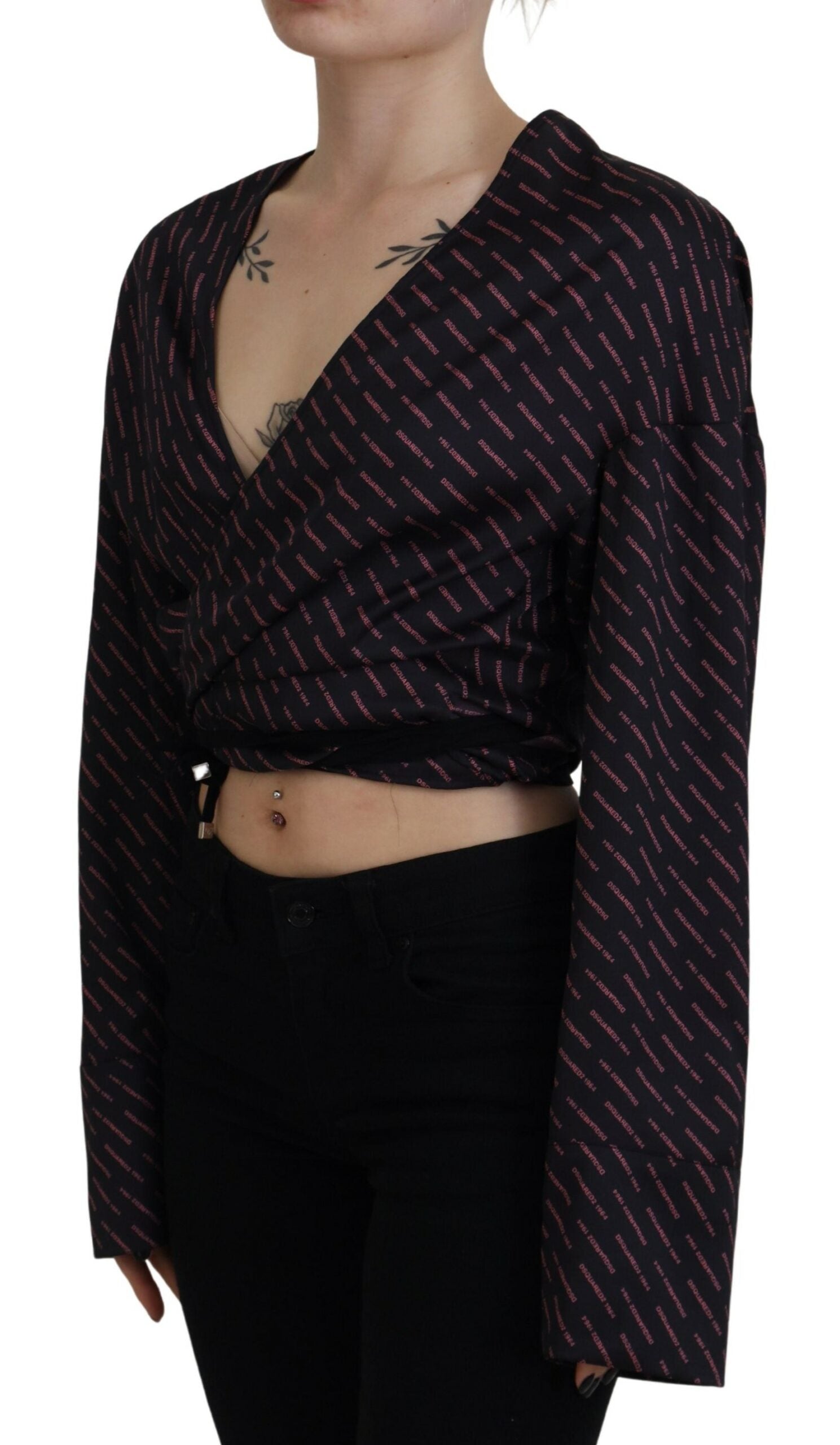 Black Cropped Synthetic Blouse with DSQUARED2 Logo Print