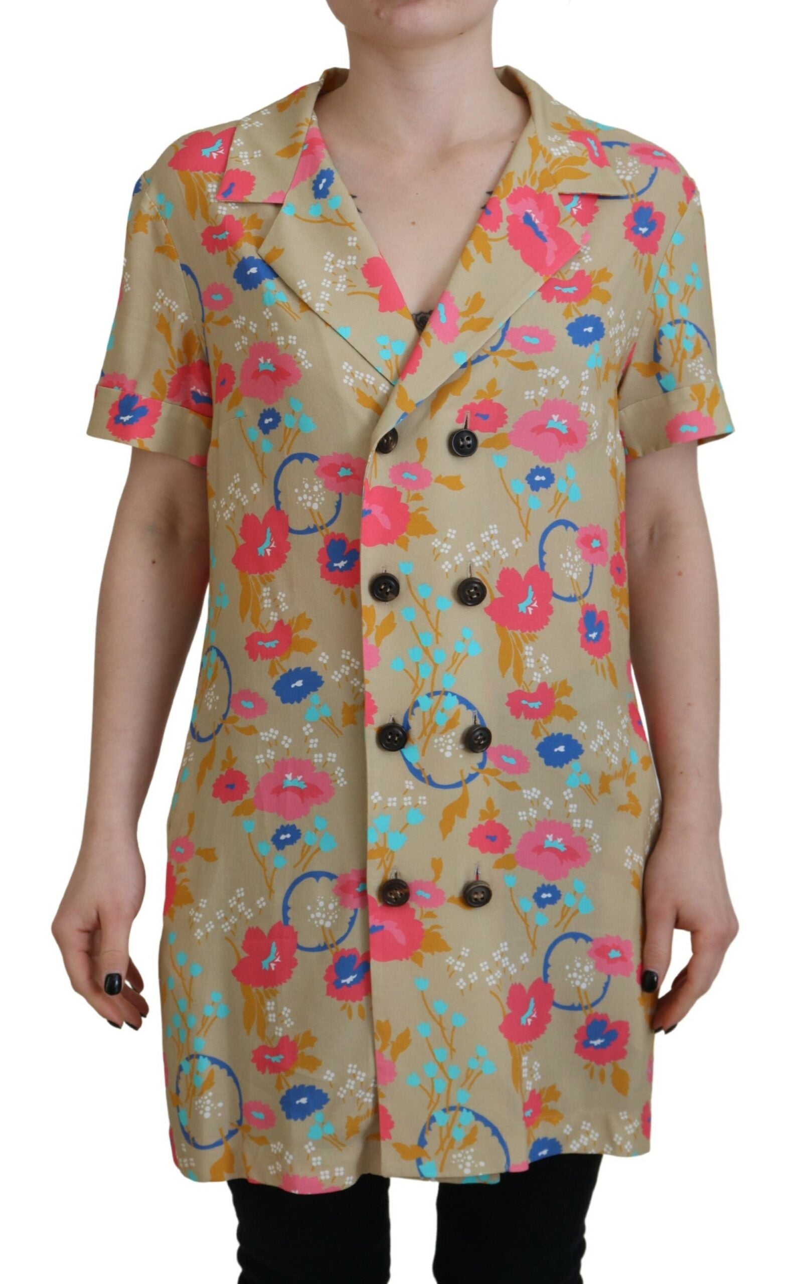Blouse longue à col boutonné imprimée multicolore