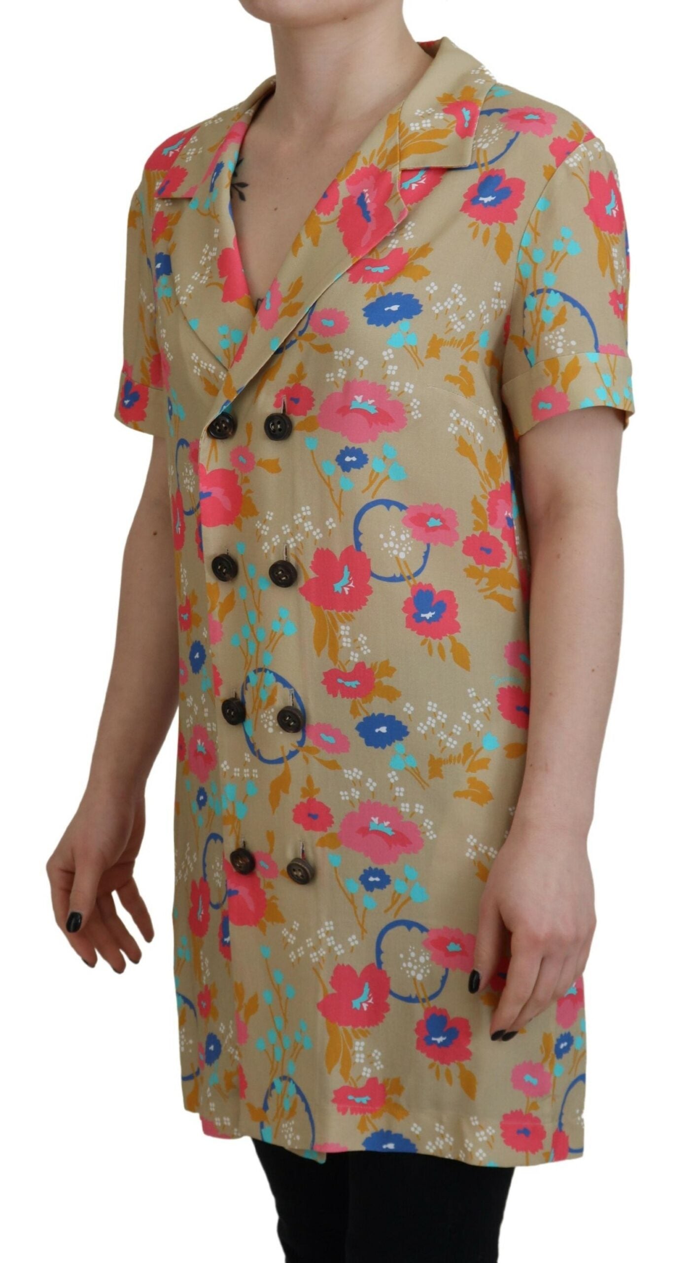 Multicolor Synthetic Long Blouse with Collar and Buttons