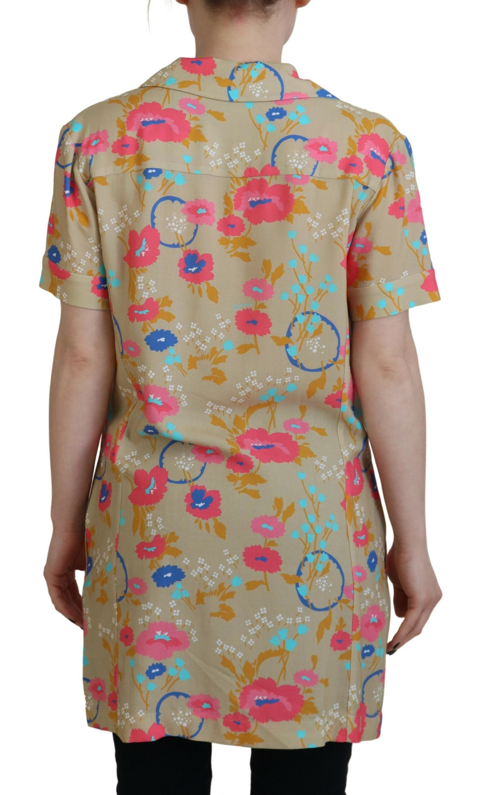 Multicolor Synthetic Long Blouse with Collar and Buttons