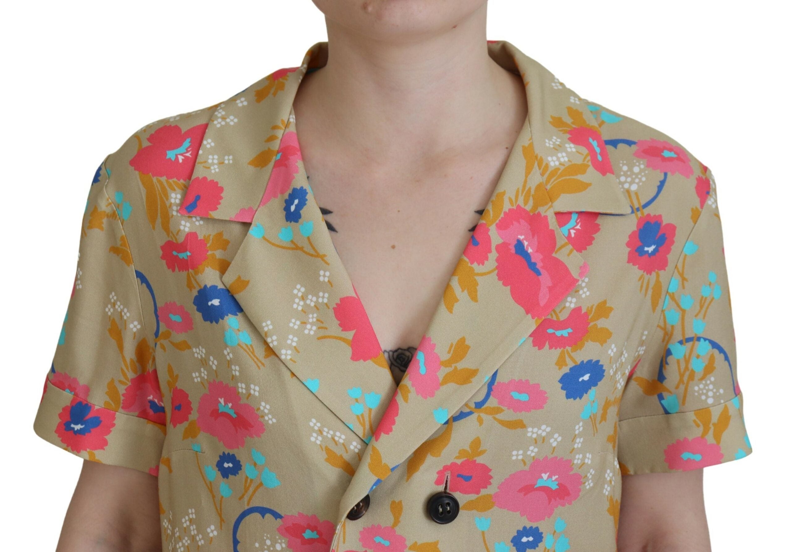 Multicolor Synthetic Long Blouse with Collar and Buttons