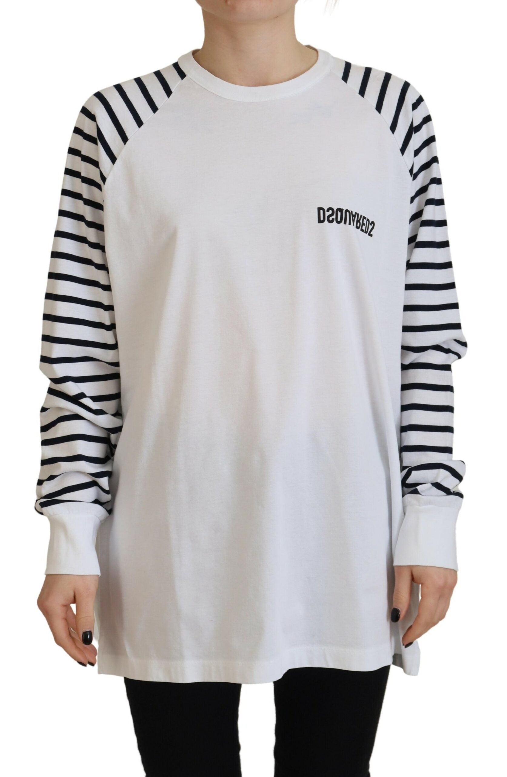 Weißer Baumwollpullover mit gestreiften Ärmeln von DSQUARED2