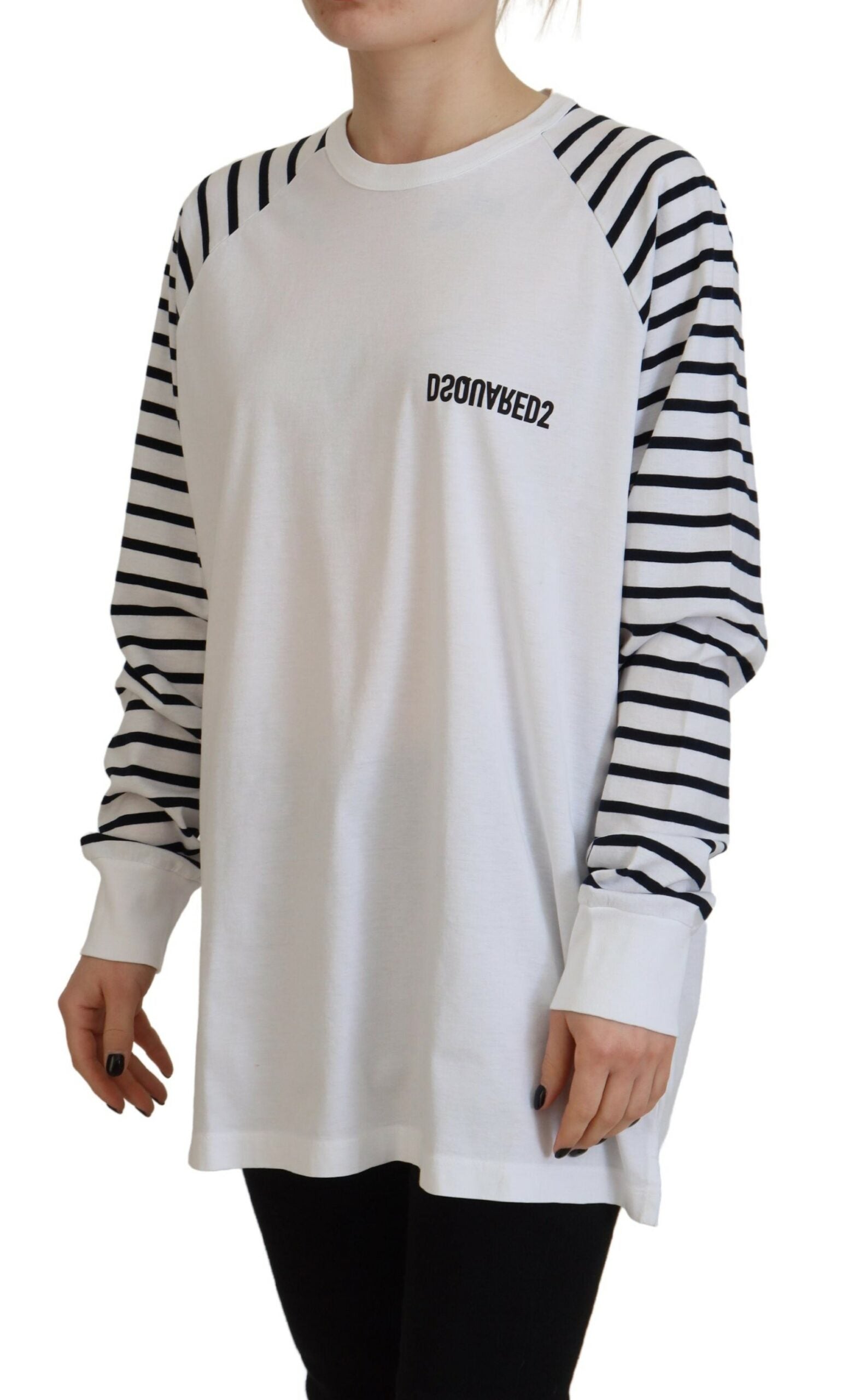 White Cotton Sweater with Striped Sleeves by DSQUARED2