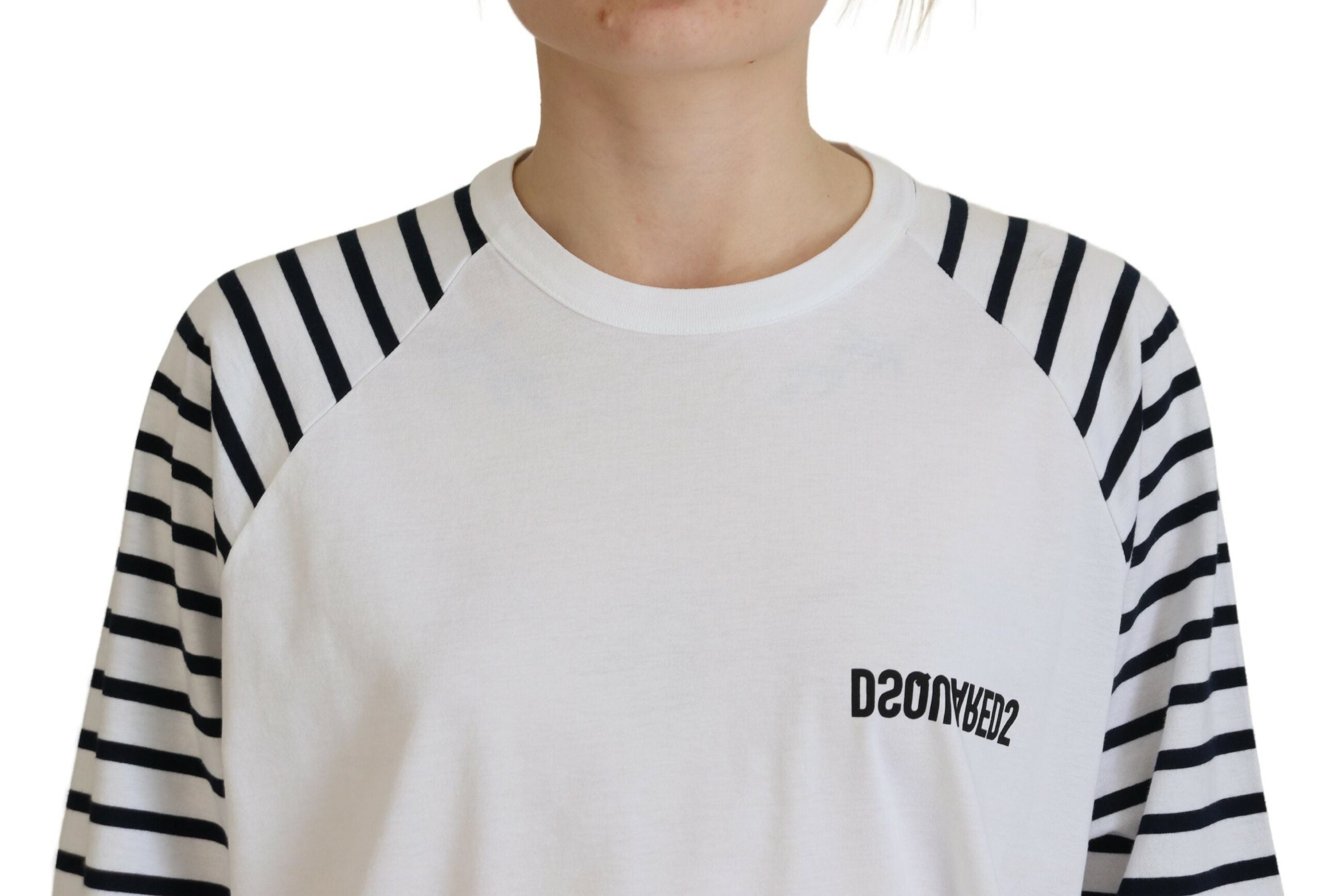 White Cotton Sweater with Striped Sleeves by DSQUARED2
