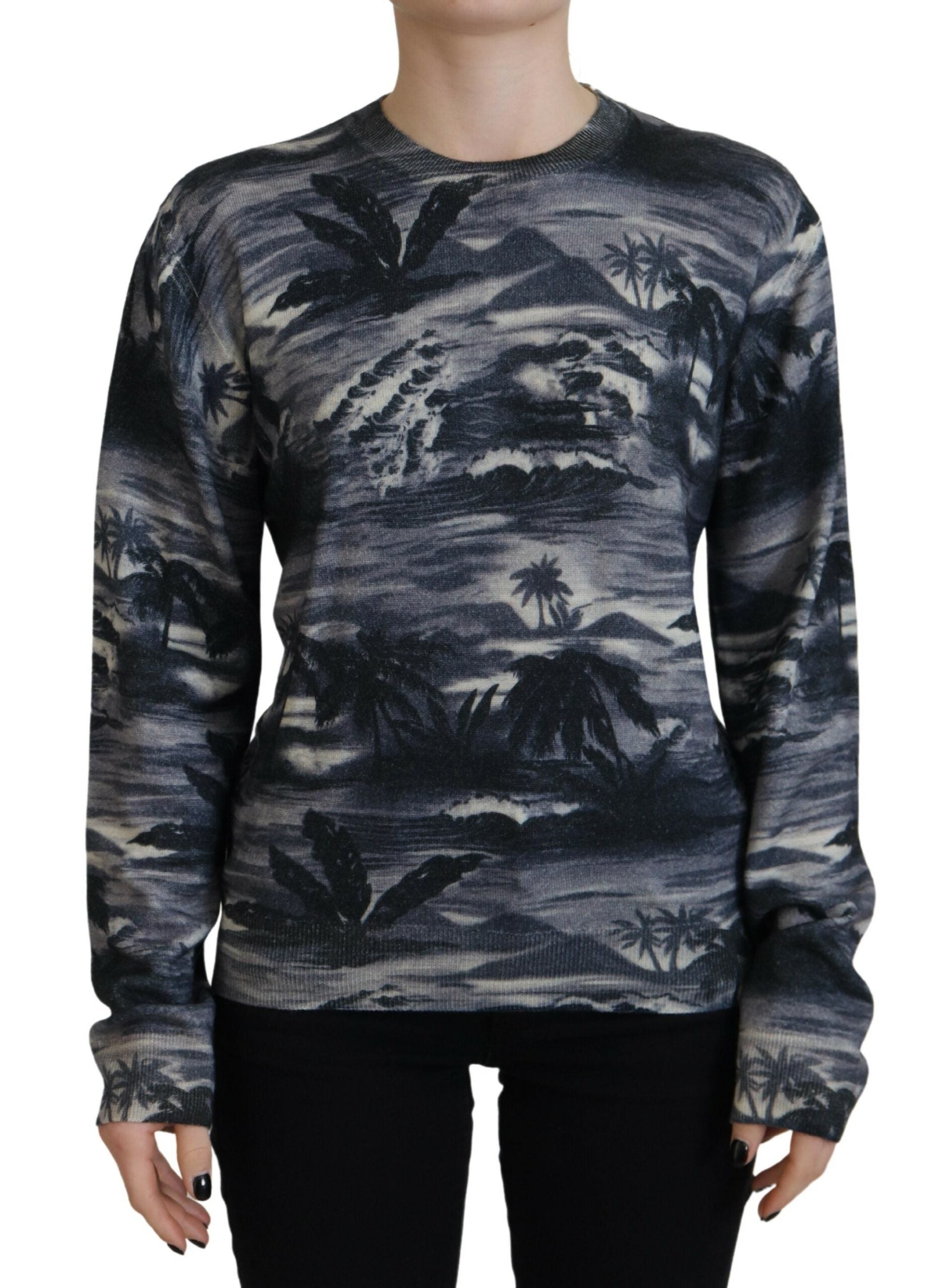 Schwarzer Wollpullover mit Thunder-Sky-Print und langen Ärmeln