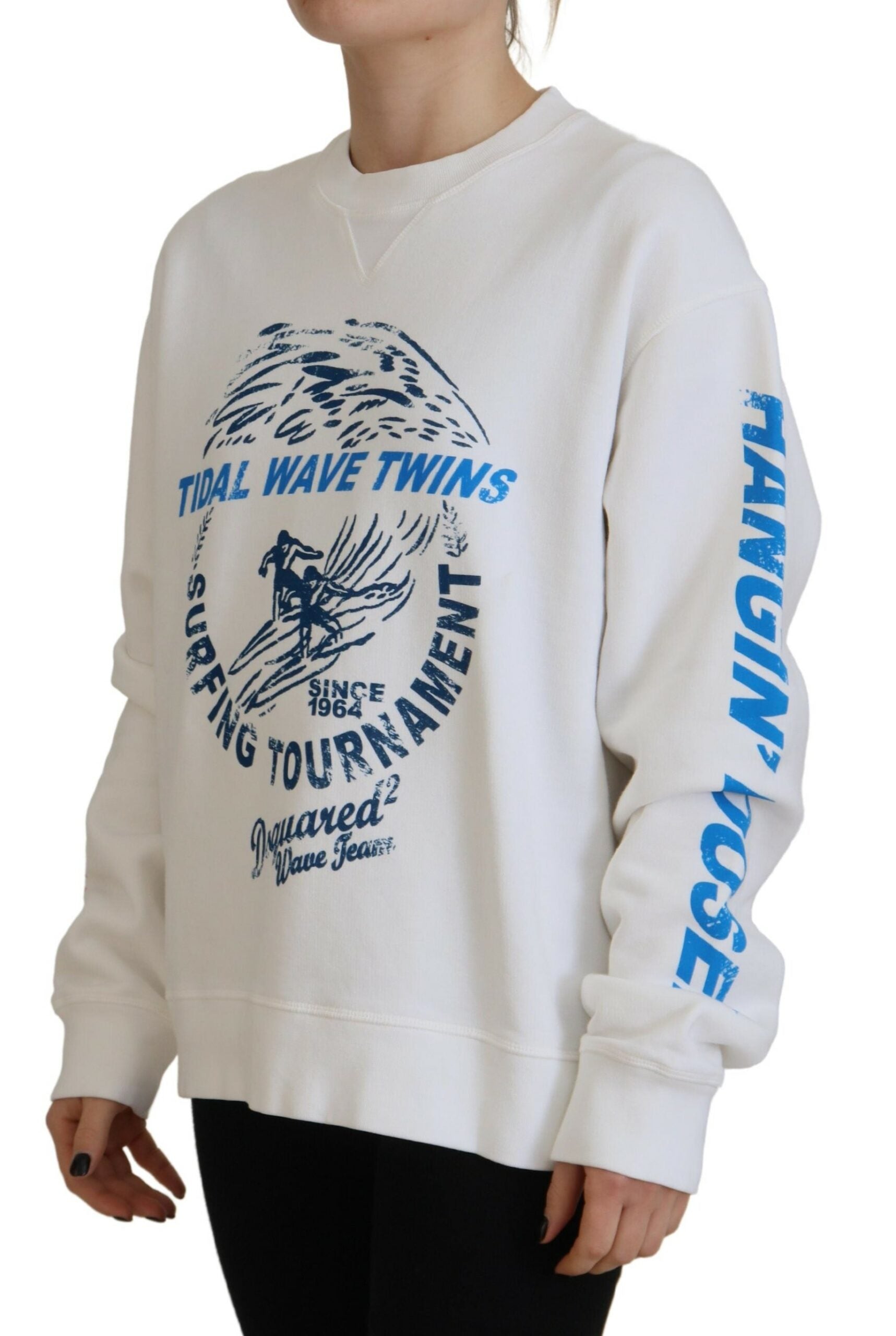 White Cotton Long Sleeve Sweater with Print by DSQUARED2