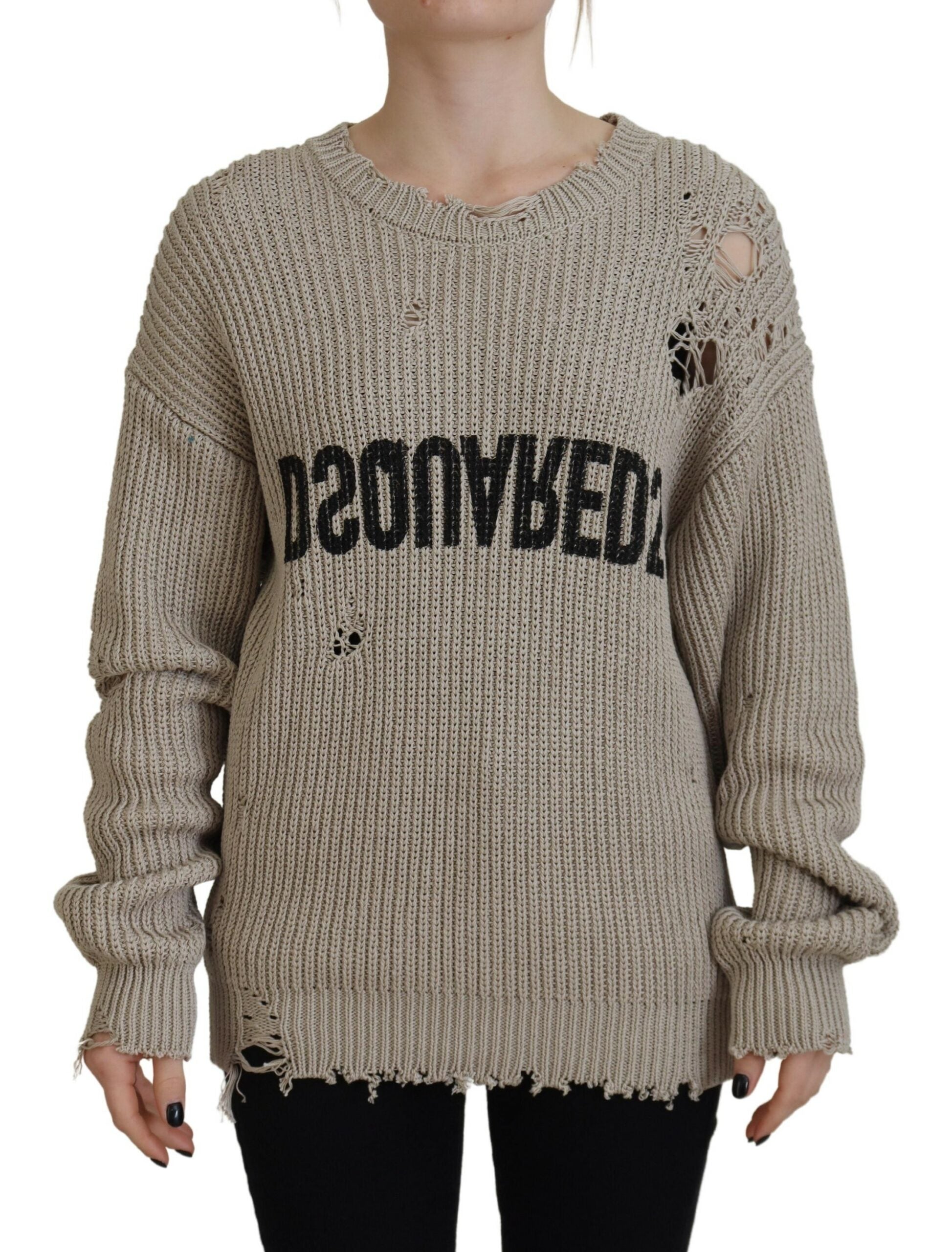 Beige Cotton Crewneck Sweater with Logo Details