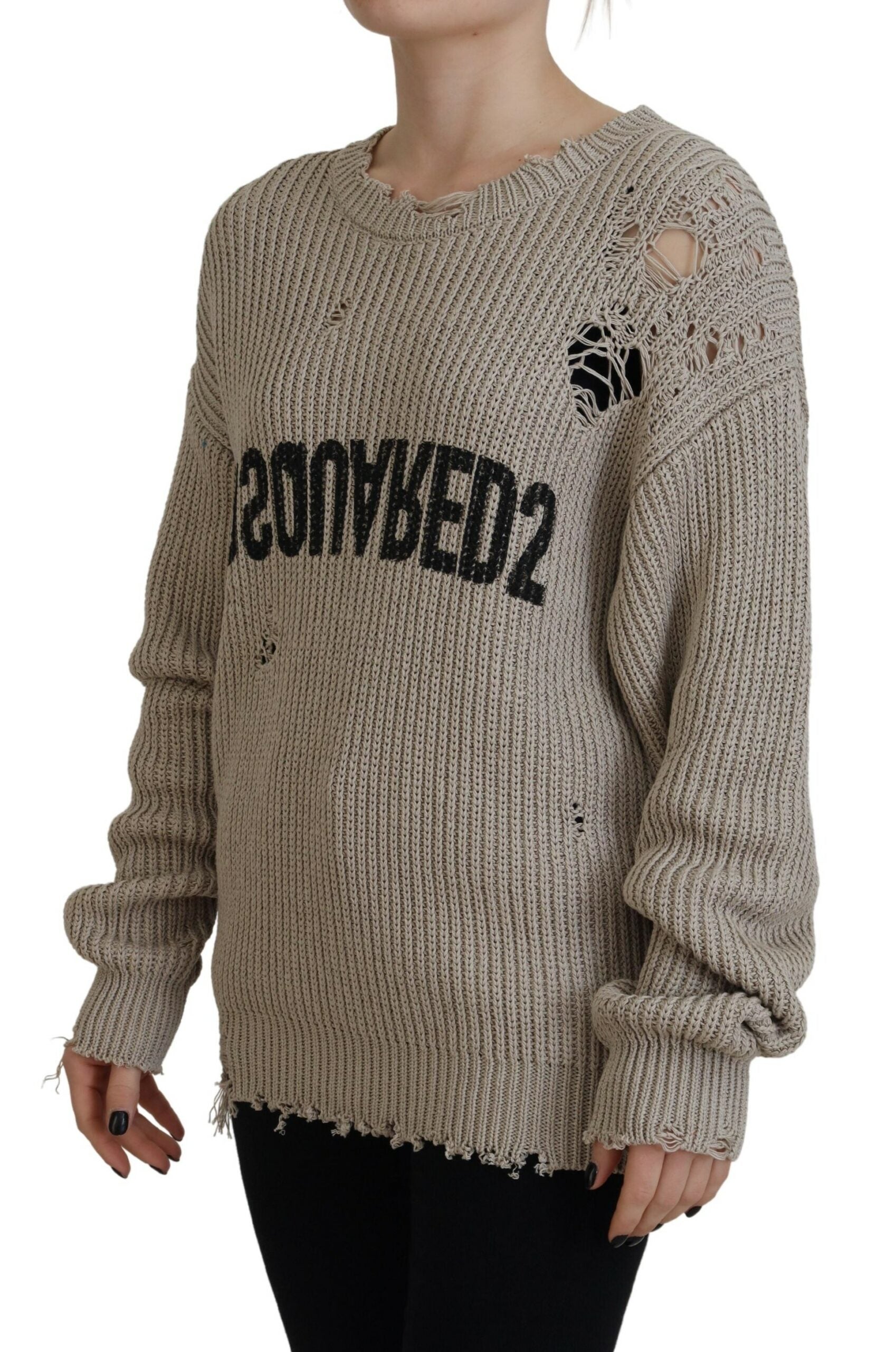 Pull-over beige en coton tricoté à col rond