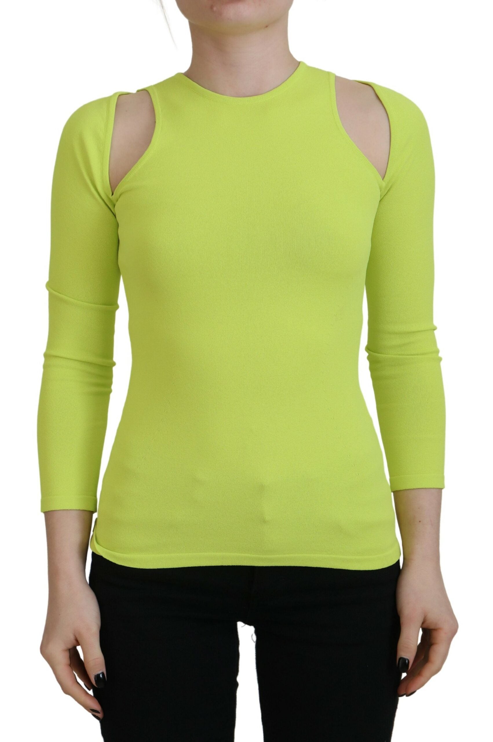 Yellow Green Synthetic Long Sleeve Top with Open Shoulder