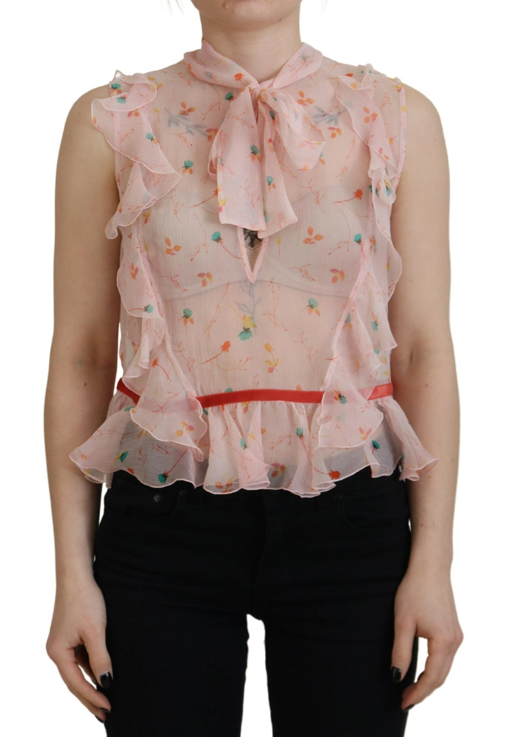 Haut sans manches en soie à imprimé floral rose et col ascot