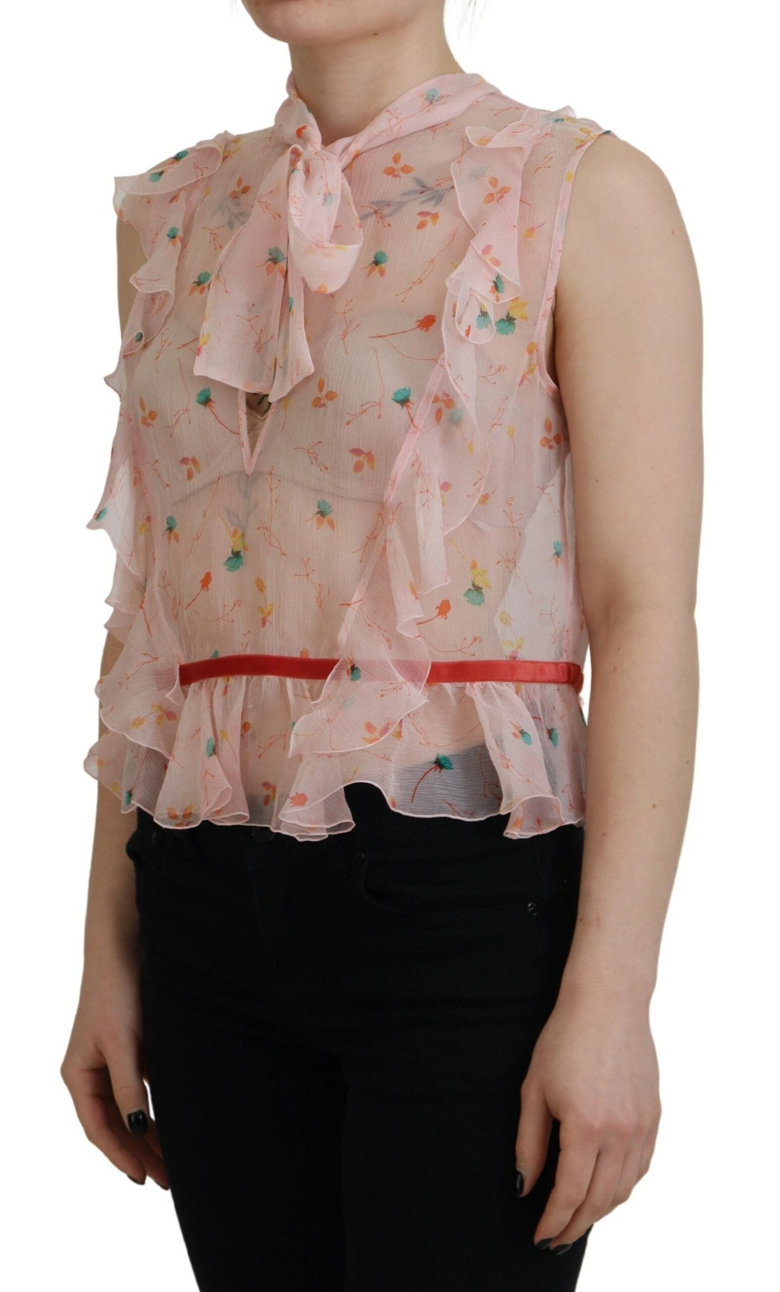 Haut sans manches en soie à imprimé floral rose et col ascot