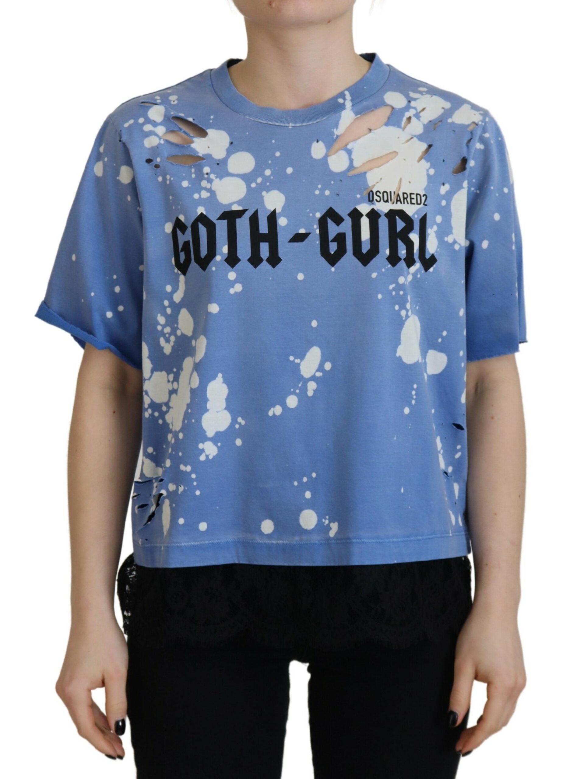 Blaues Baumwoll-T-Shirt mit Goth-Gurl-Print und schwarzer Spitze