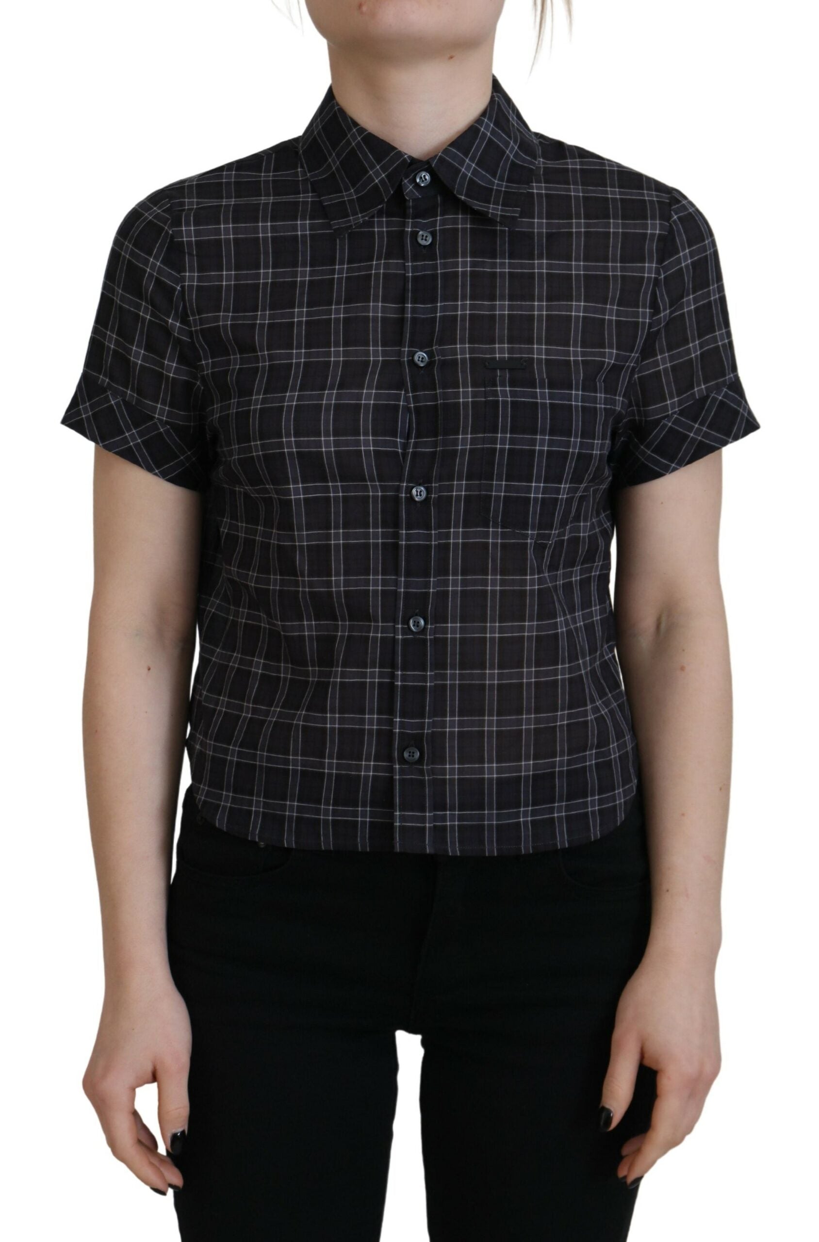 Schwarz kariertes kurzärmeliges Button-Down-Oberteil aus Baumwolle