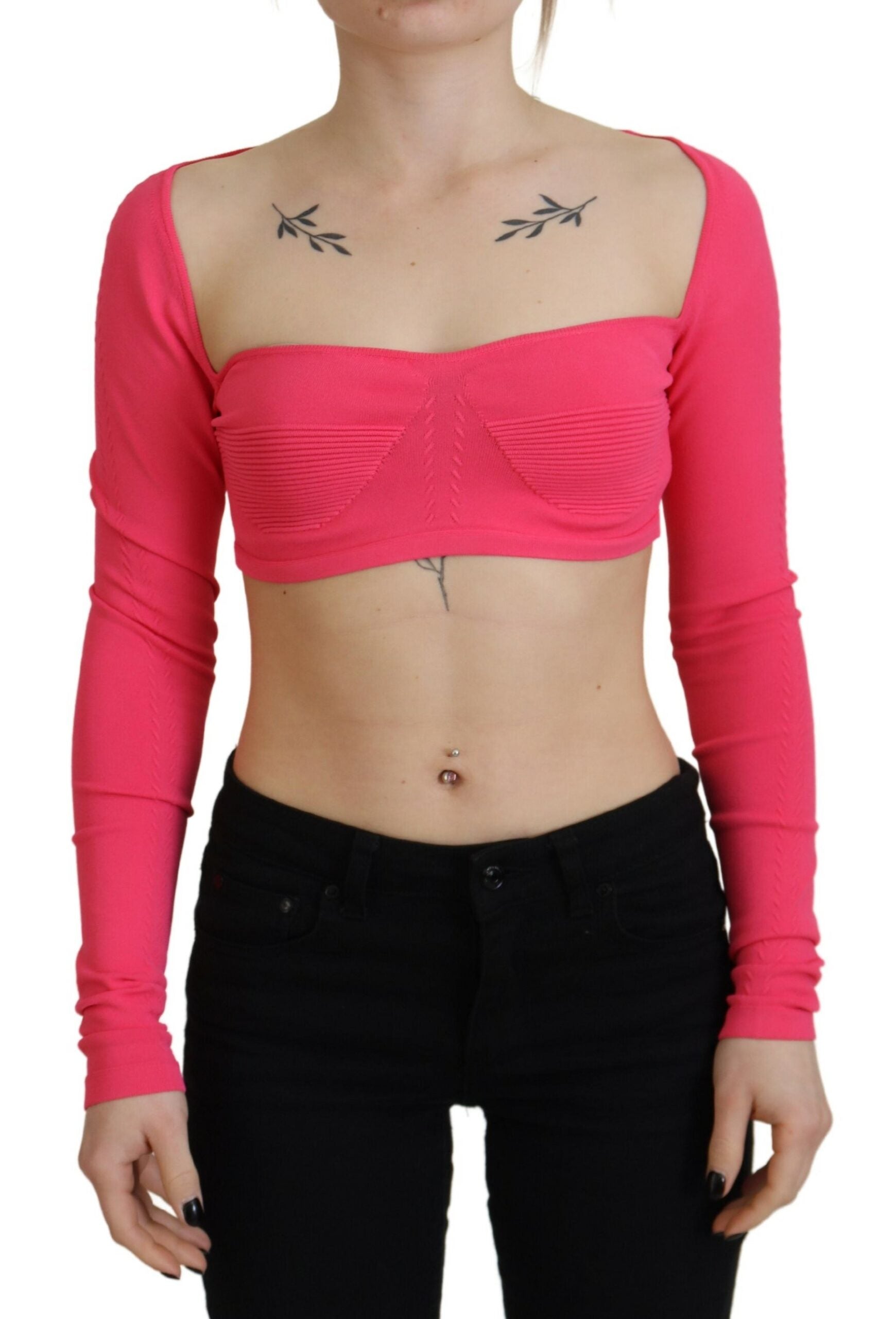 Haut rose en maille viscose à col carré et manches longues