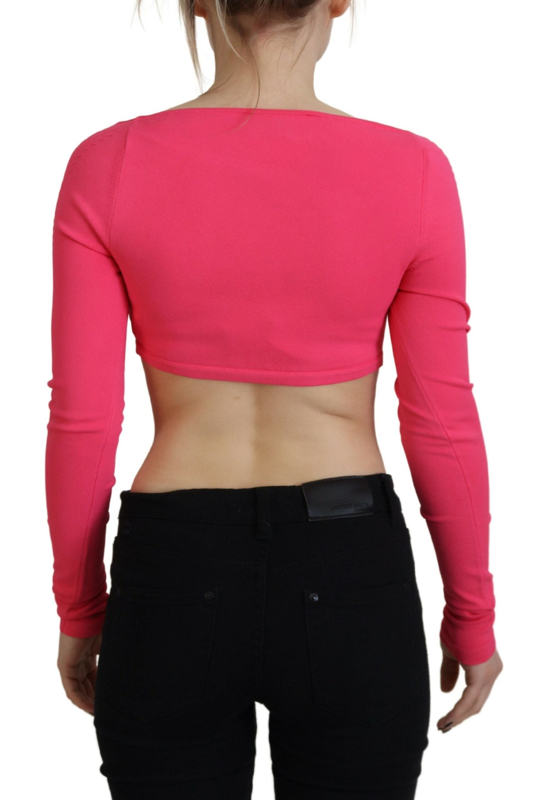Haut rose en maille viscose à col carré et manches longues