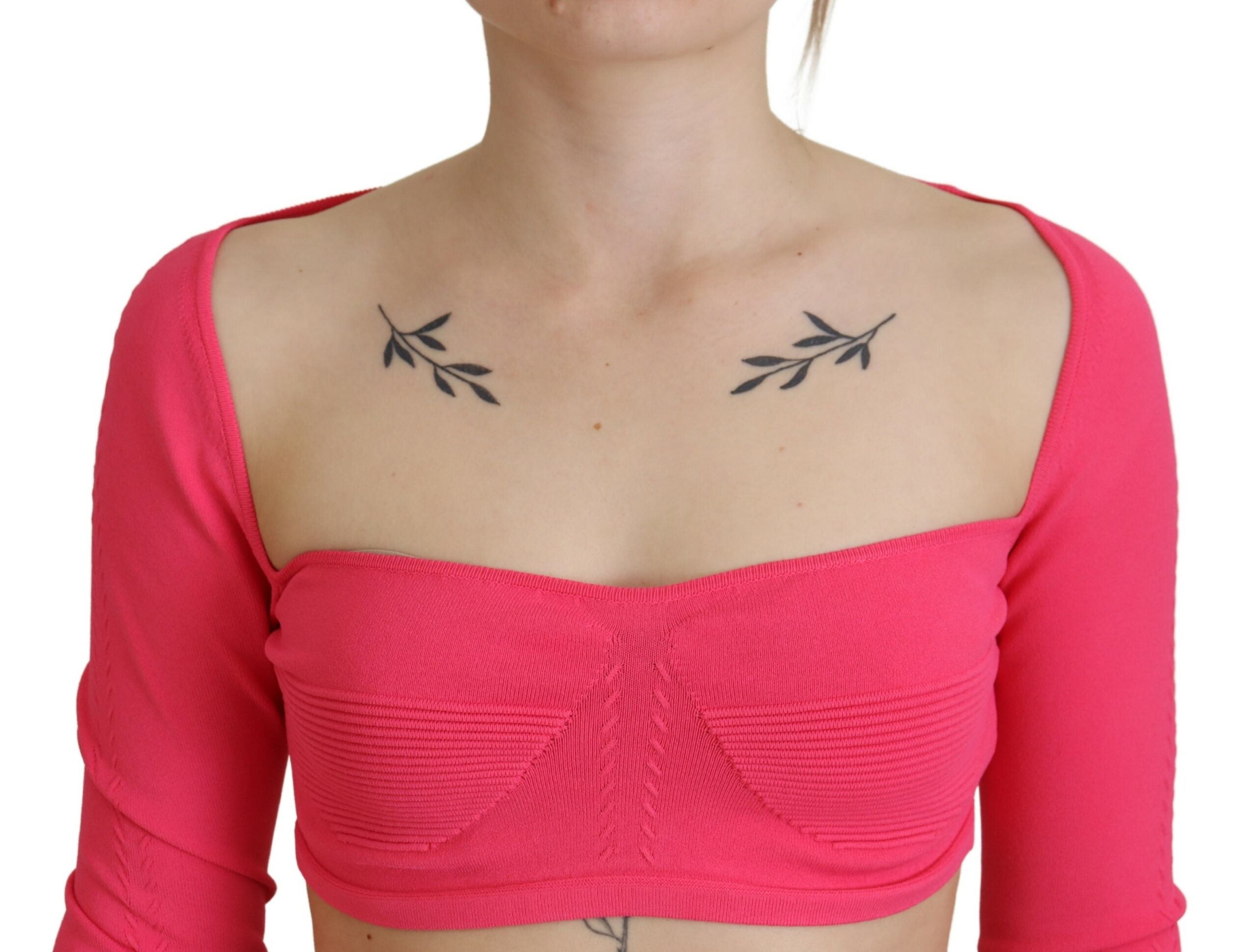 Haut rose en maille viscose à col carré et manches longues