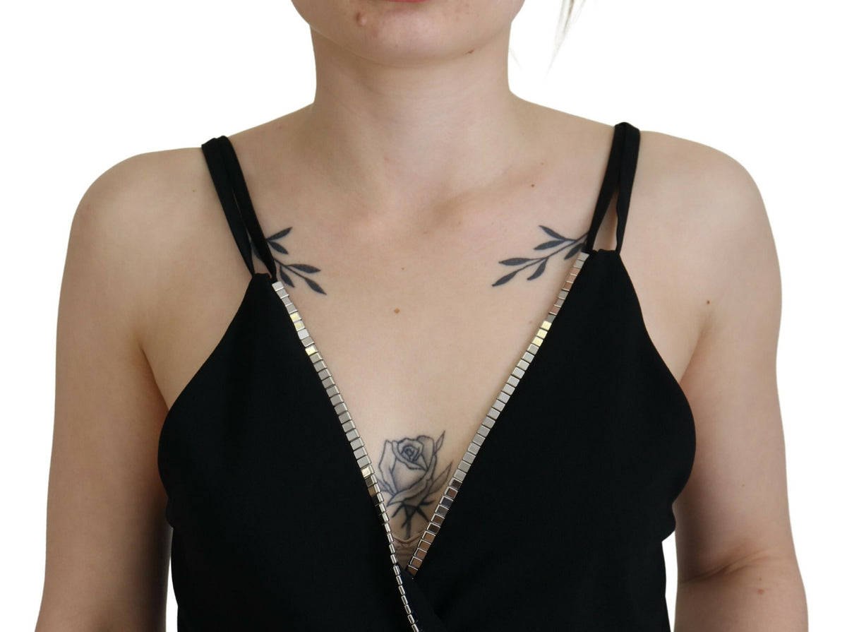 Dsquared² Schwarzes, verziertes, ärmelloses Tanktop mit tiefem V-Ausschnitt