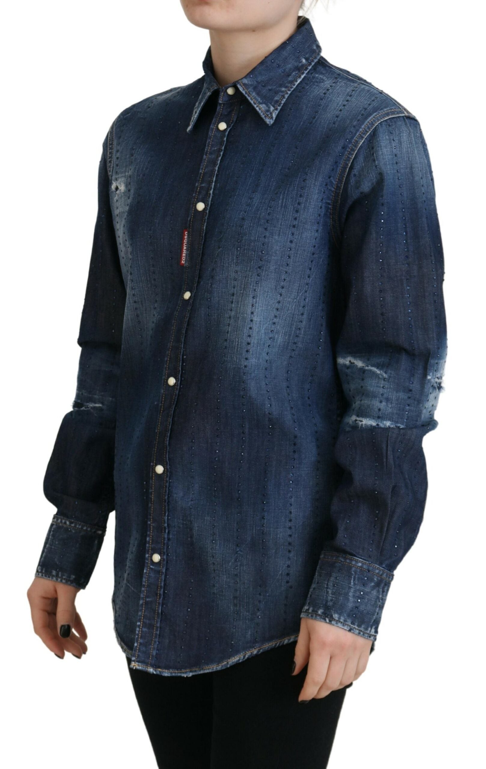 Haut en jean bleu délavé en coton à col boutonné