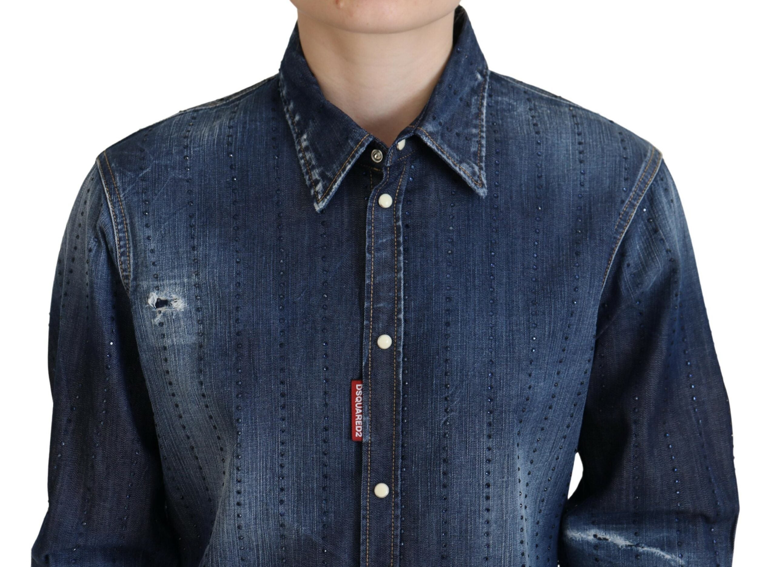 Haut en jean bleu délavé en coton à col boutonné