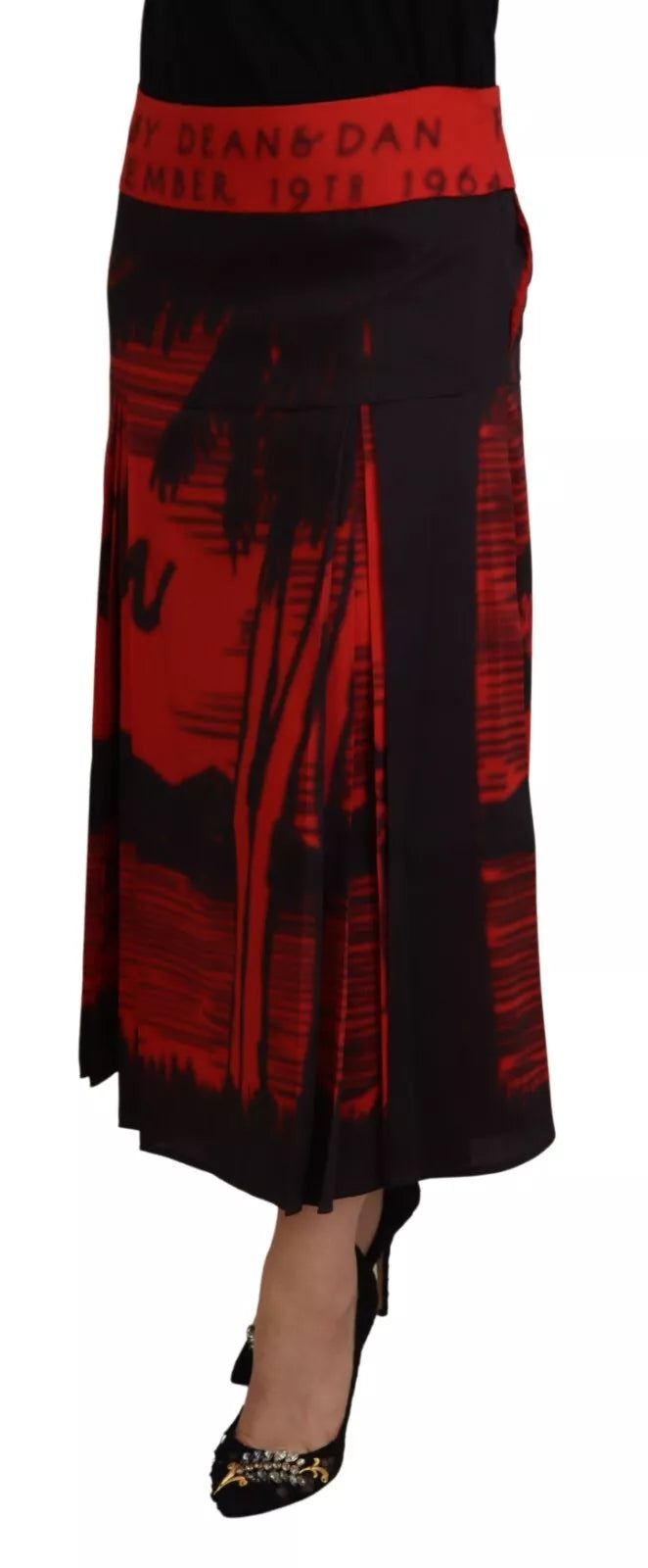 Jupe Midi Plissée Trapèze Dsquared² Rouge Imprimée Taille Haute