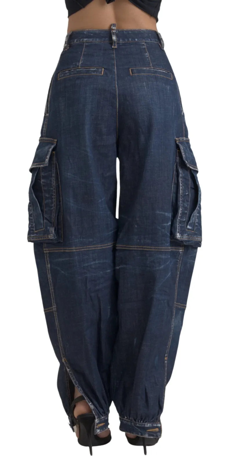 Jean cargo baggy en coton bleu taille haute
