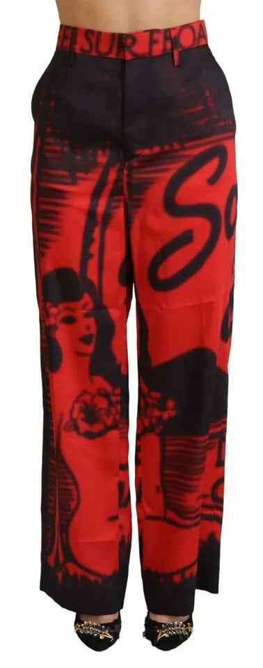 Pantalon droit rouge imprimé taille haute
