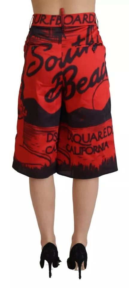 Pantalon court rouge imprimé à taille haute et jambes larges