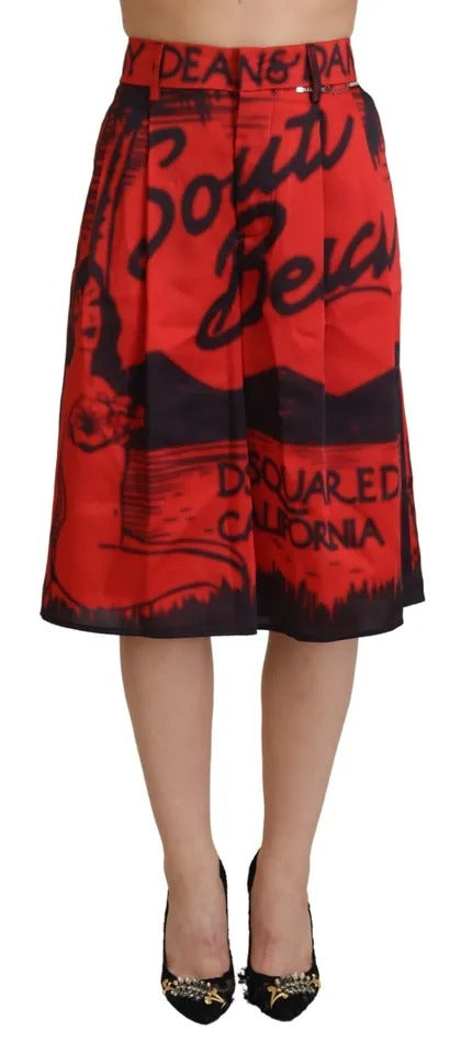 Pantalon court rouge imprimé à taille haute et jambes larges