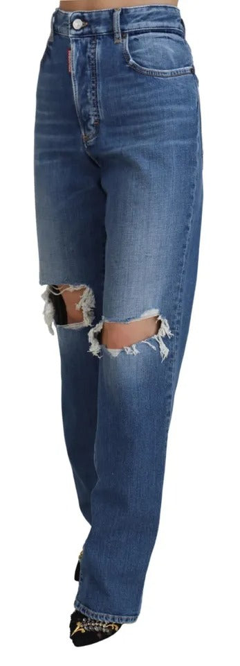 Jean droit bleu délavé taille haute