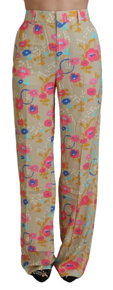 Beigefarbene High-Waist-Hose mit geradem Schnitt und Blumenmuster