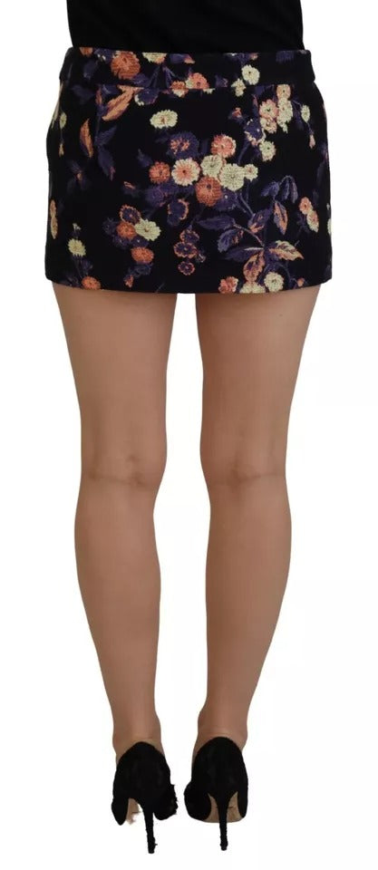 Jupe courte trapèze taille mi-haute à broderie florale noire