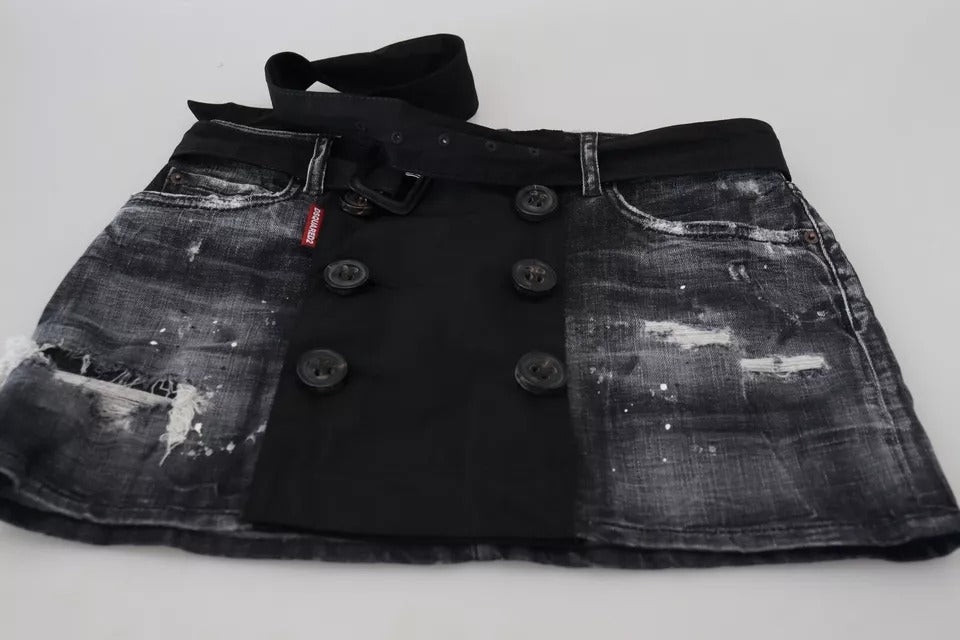 Mini-jupe en jean noir délavé taille mi-haute coupe trapèze
