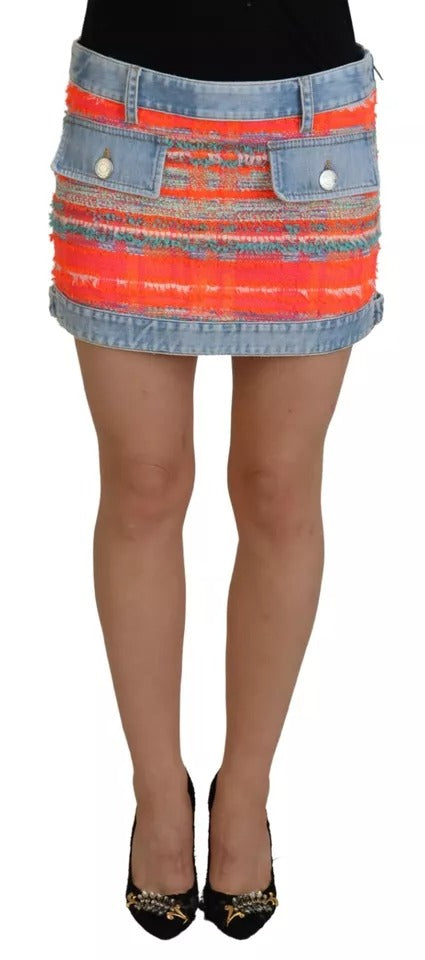 Multicolor Synthetic Wool Blend Denim Mini Skirt Low Waist A-Line