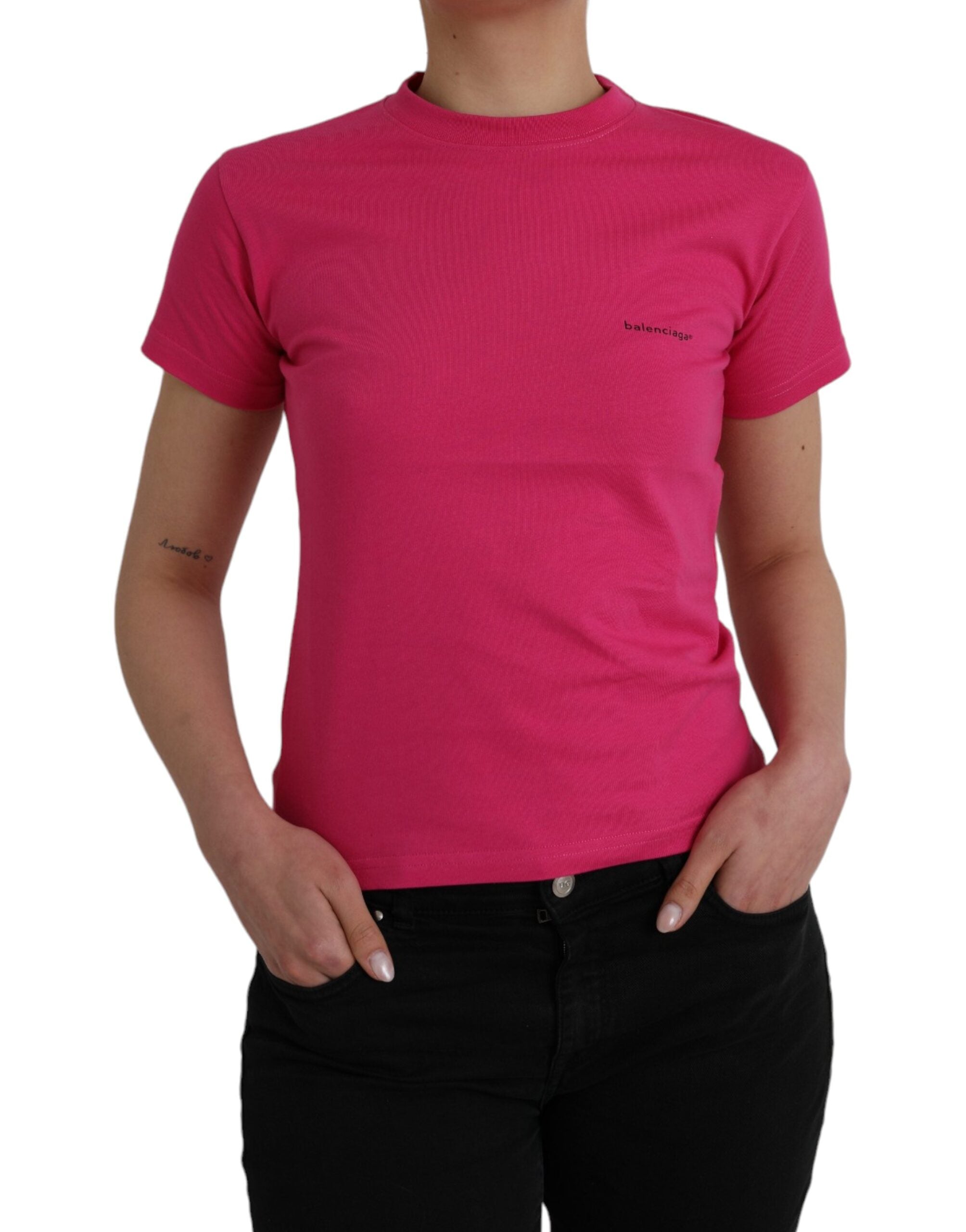 T-shirt rose en coton à col rond et manches courtes