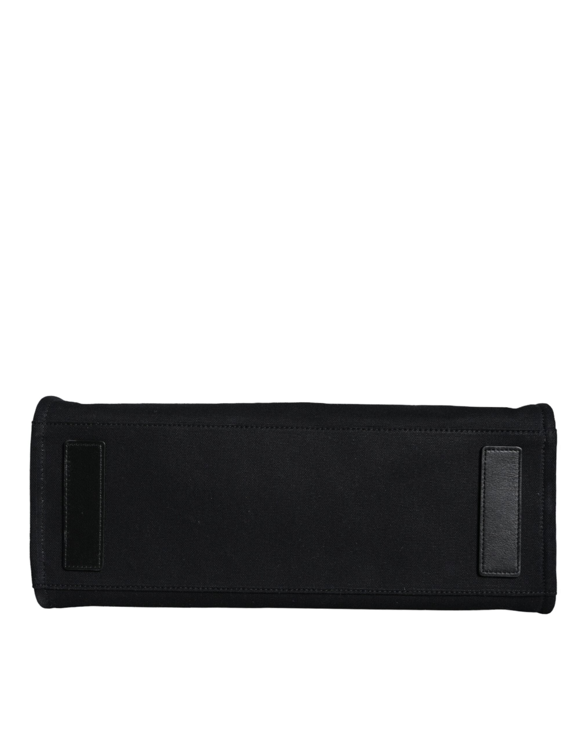 Black Leather & Canvas Crossbody Tote Bag with Logo