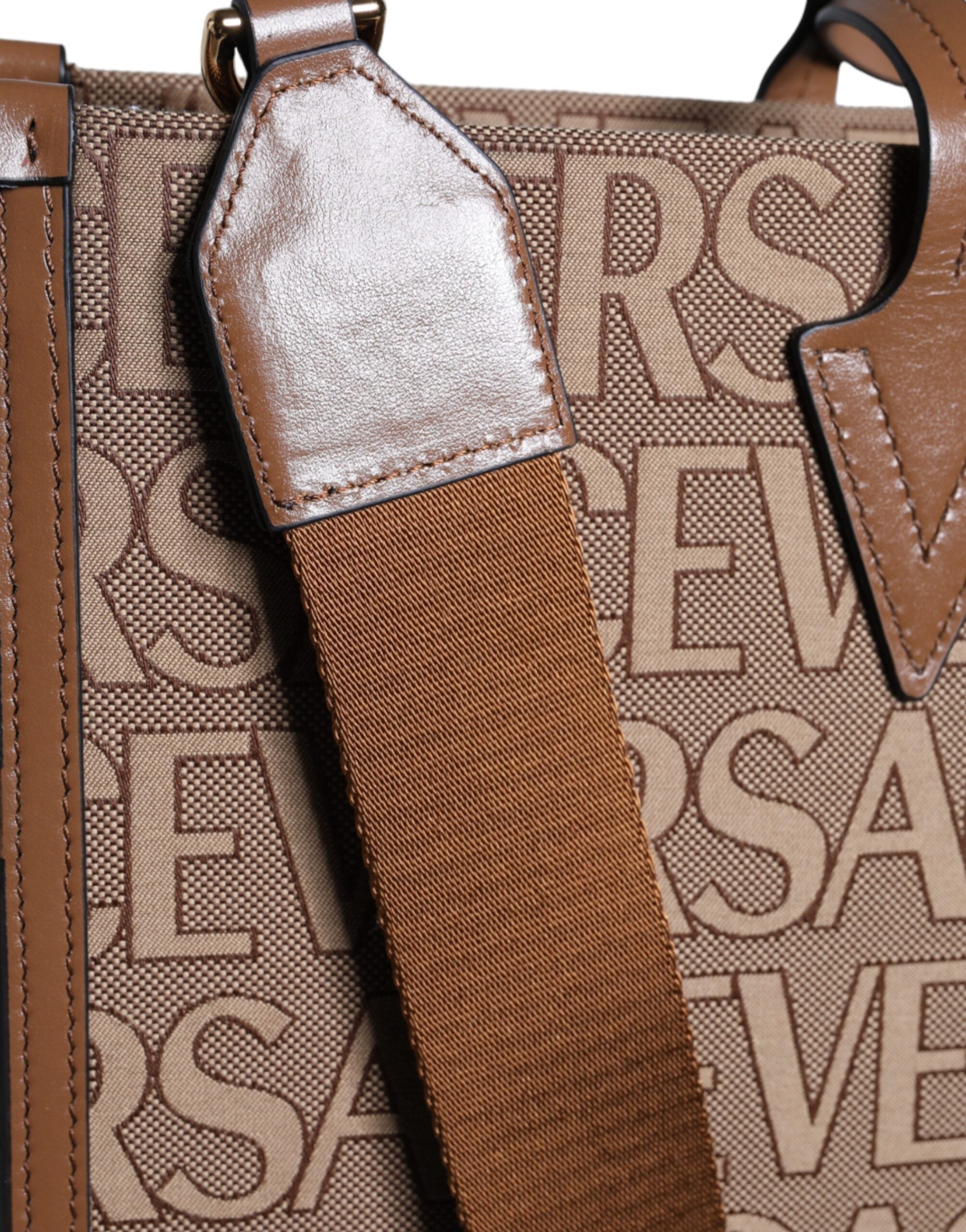 Brown Leather Crossbody Tote Bag with Jacquard Logo