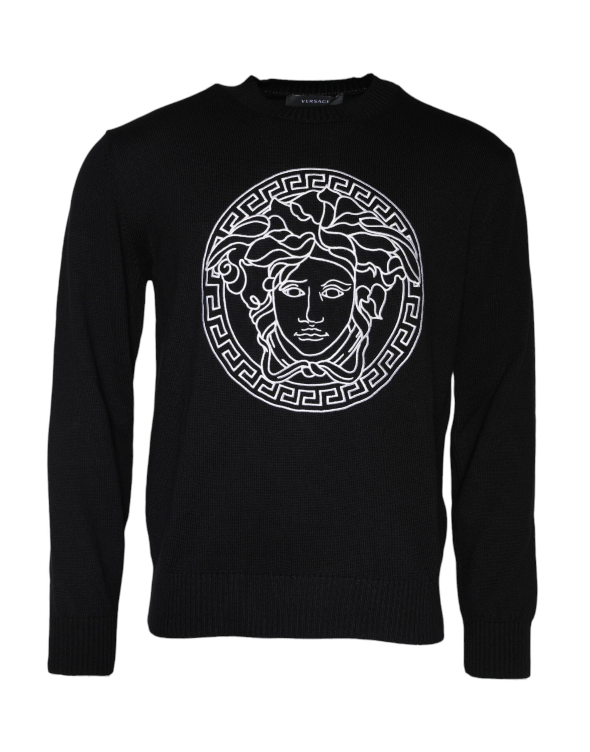 Schwarzer Baumwollpullover mit Rundhalsausschnitt und Medusa-Stickerei
