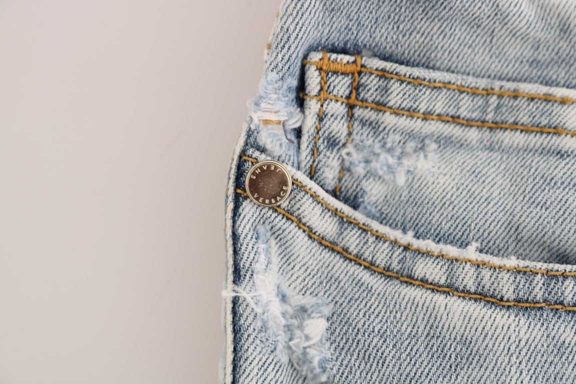 Light Blue Cotton Slim Fit Torn Jeans by Versace Jeans VJ