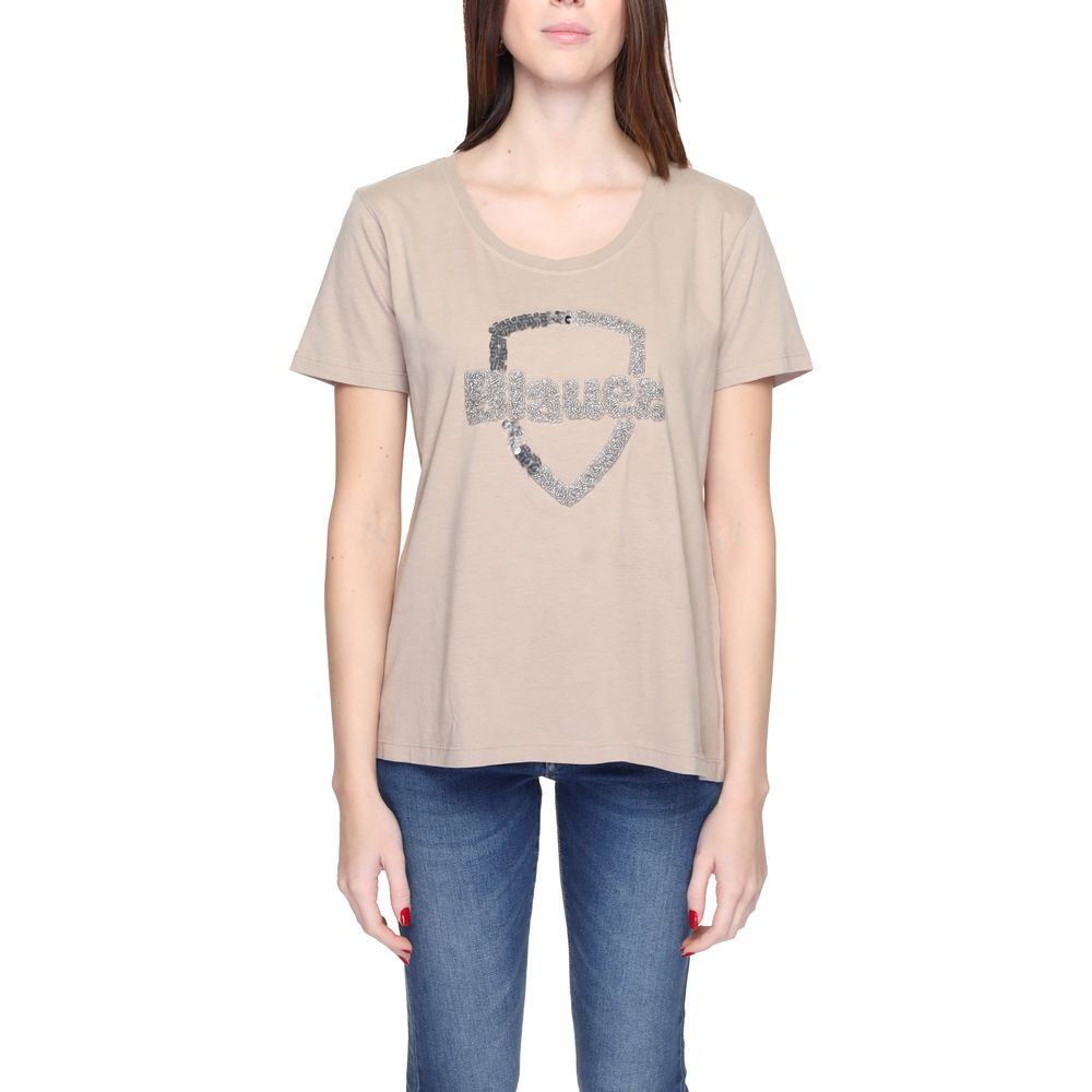 Beige Cotton T-Shirt with Sequined Logo Detail