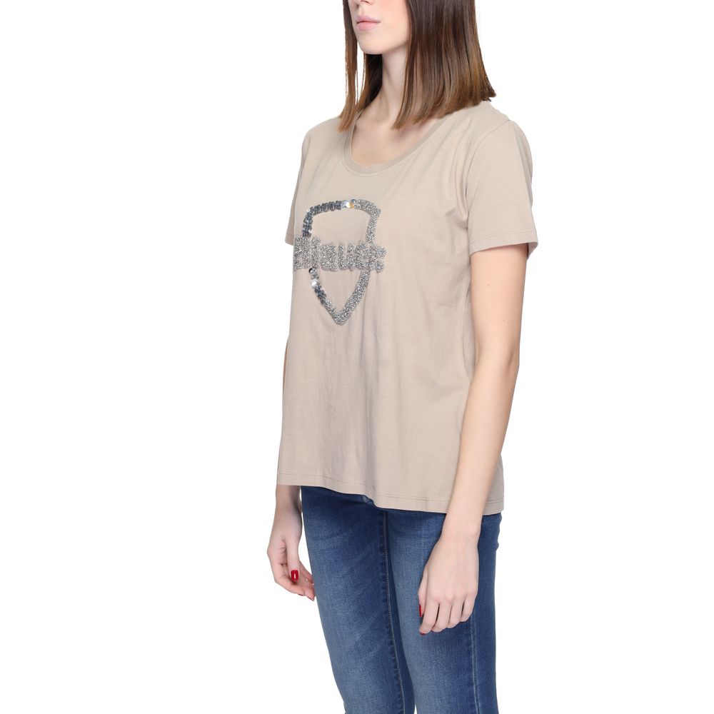 Beige Cotton T-Shirt with Sequined Logo Detail
