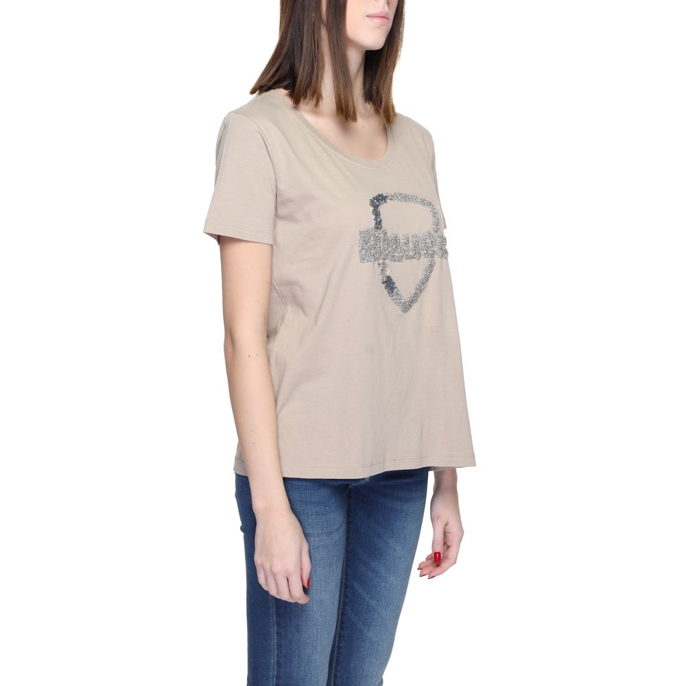 Beige Cotton T-Shirt with Sequined Logo Detail