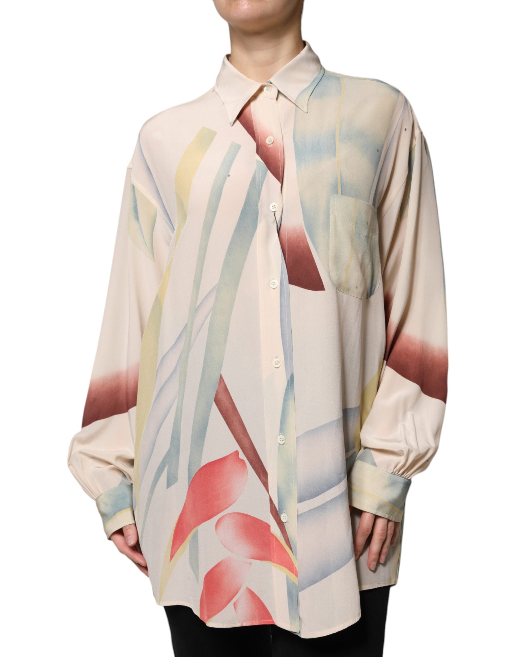 Beige Seidenbluse mit Kragen und langen Ärmeln zum Knöpfen