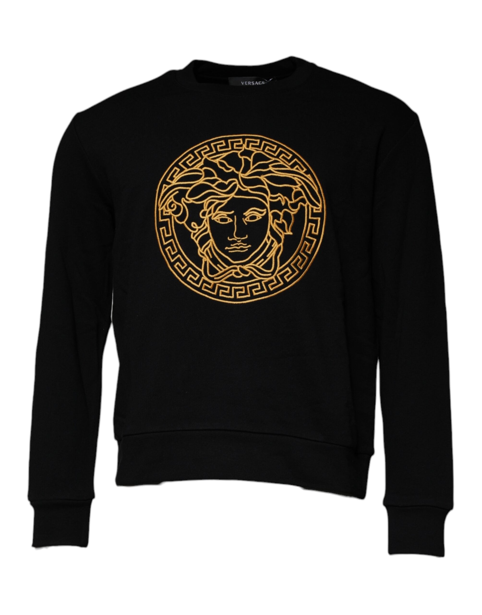 Schwarzer Baumwollpullover mit Rundhalsausschnitt und Medusa-Stickerei