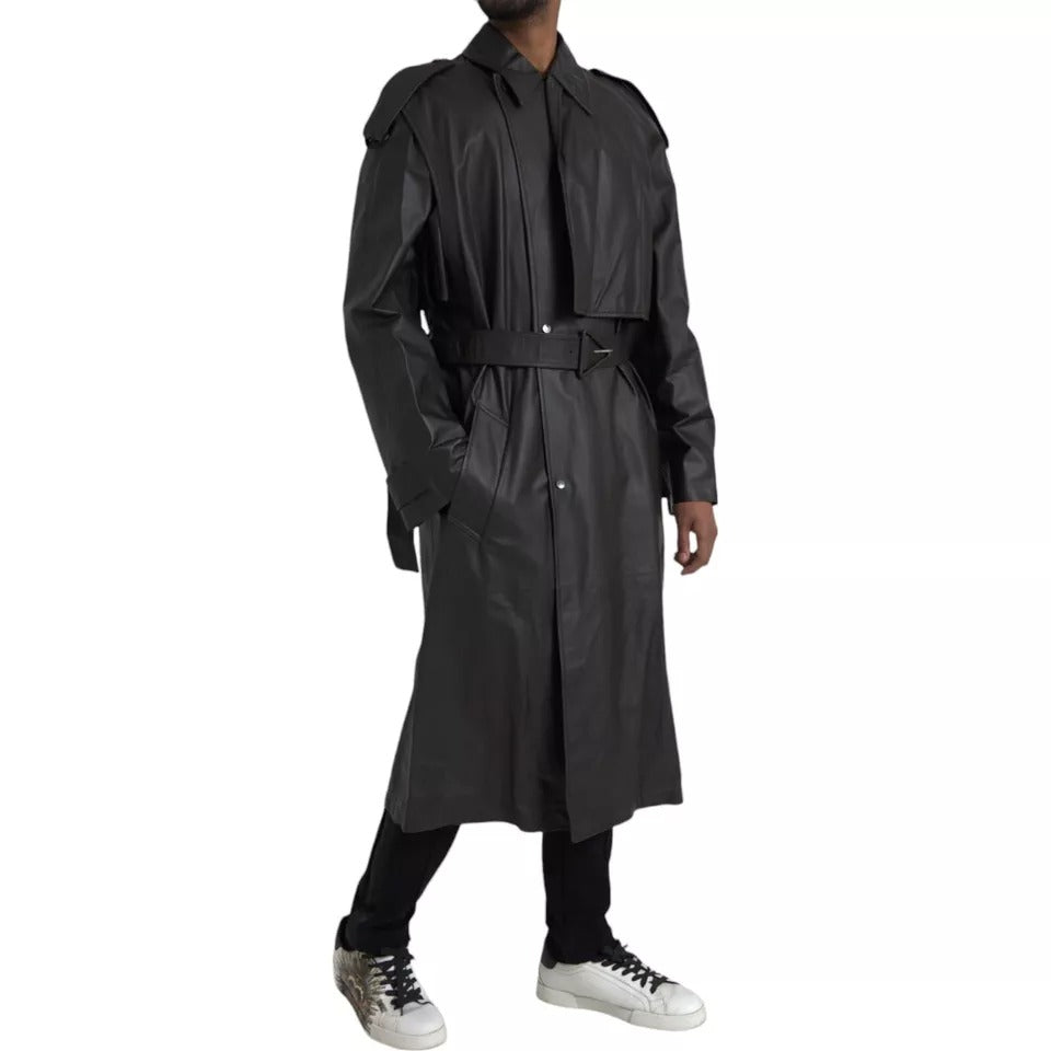 Schwarzer Leder-Trenchcoat, wasserdicht